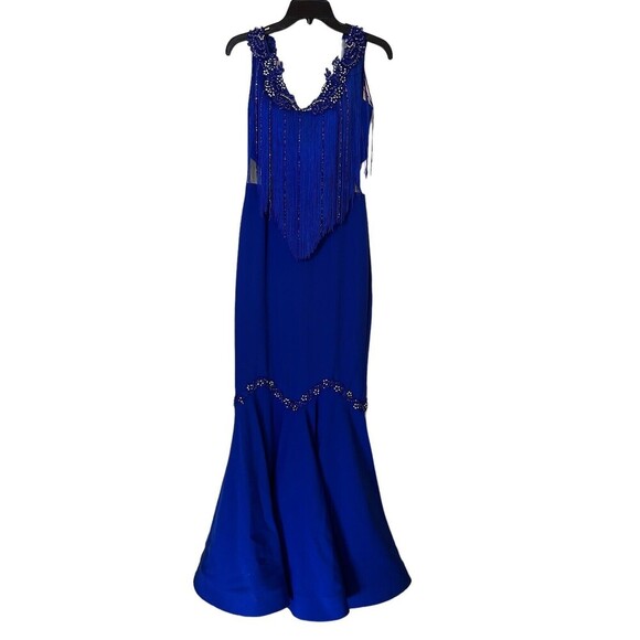 Odrella Royal Blue Event Gown Tassel  Mesh Cut out Beaded Design Size 6 - Picture 2 of 16